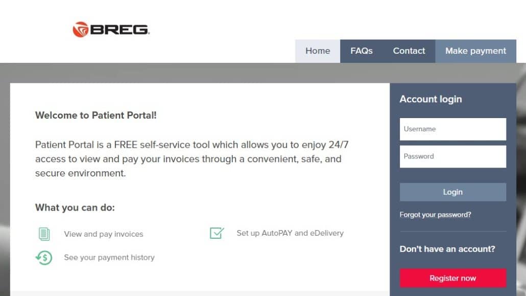 Breg patient bill pay home screen screenshot